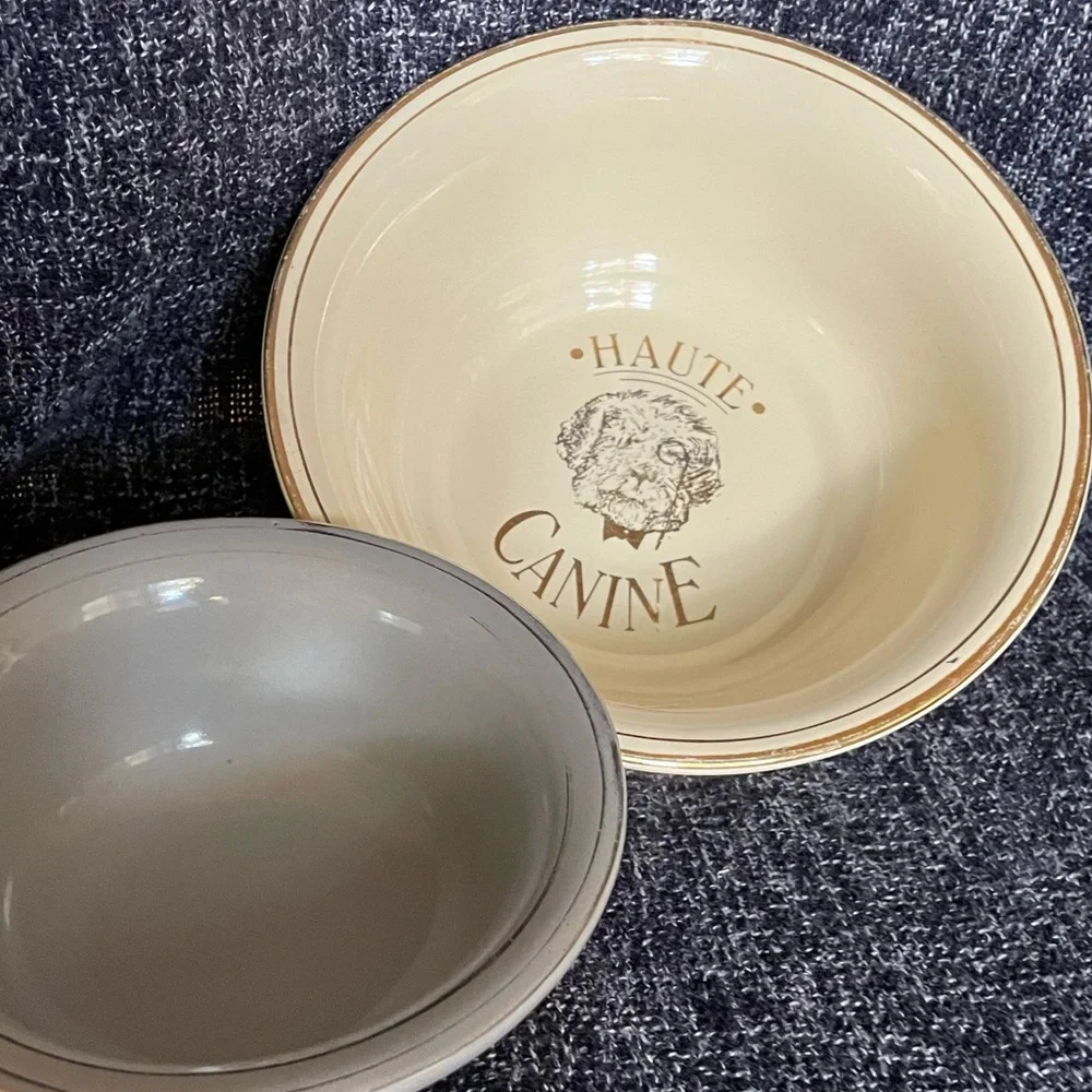 Vintage Hall ‘Haute Canine’ Dog Bowl in Cream 392 & Gray Bowl 395 w Gold Trim